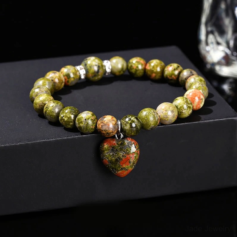 Unakite stone heart bracelet for grounding and new life transitions
