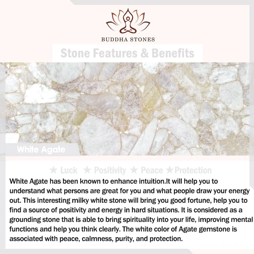 White agate stone benefits information card highlighting luck, peace, and protection properties