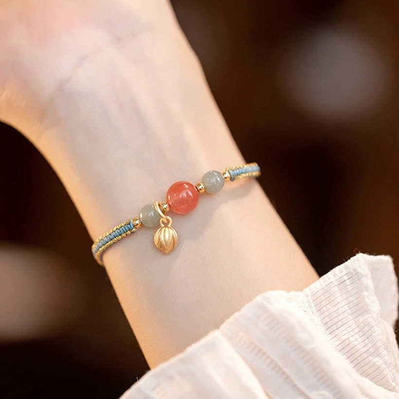 White agate prosperity stone bracelet with lotus symbol and adjustable string - natural healing crystal