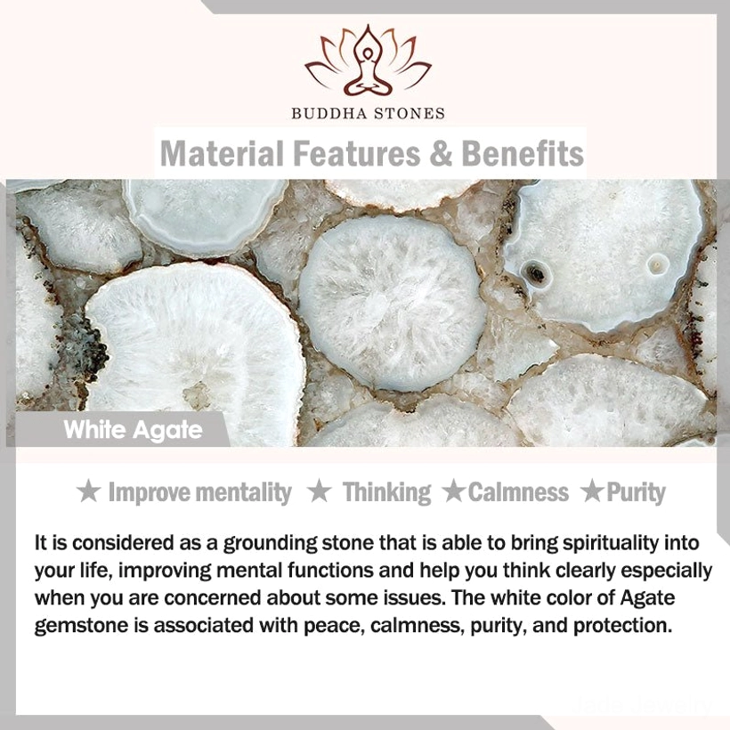 White agate stone information card showing healing properties calmness clarity and protection benefits