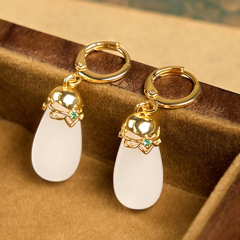White chalcedony water drop earrings front view jewelry storage showing light pale gemstone authenticity