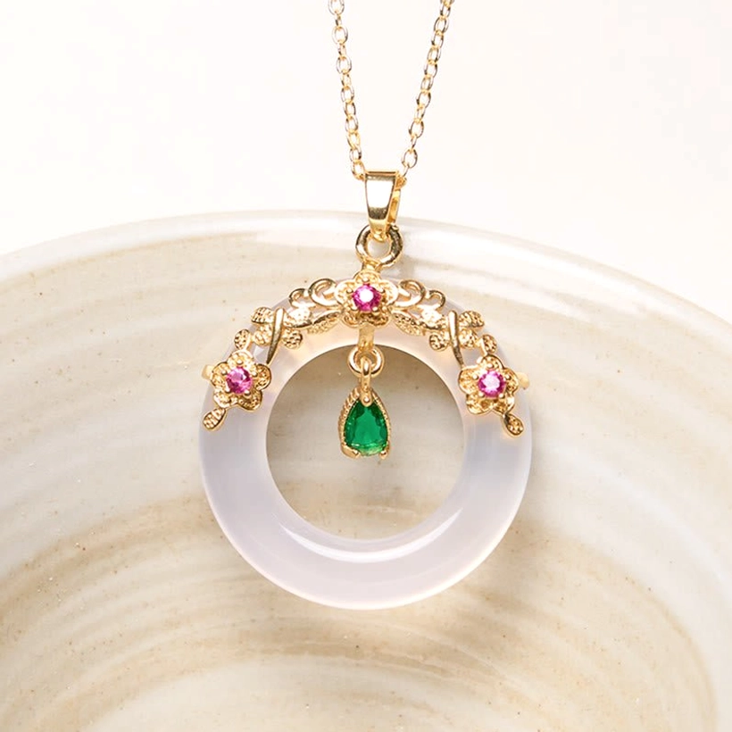 White chalcedony peace buckle pendant necklace with gold setting