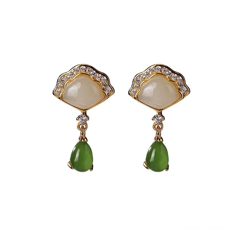 White jade fan and cyan jade teardrop drop earrings full front view on white background