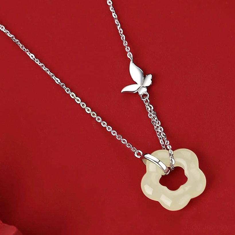 White gold sterling silver butterfly Hetian jade necklace pendant with silver chain and yellow jade flower