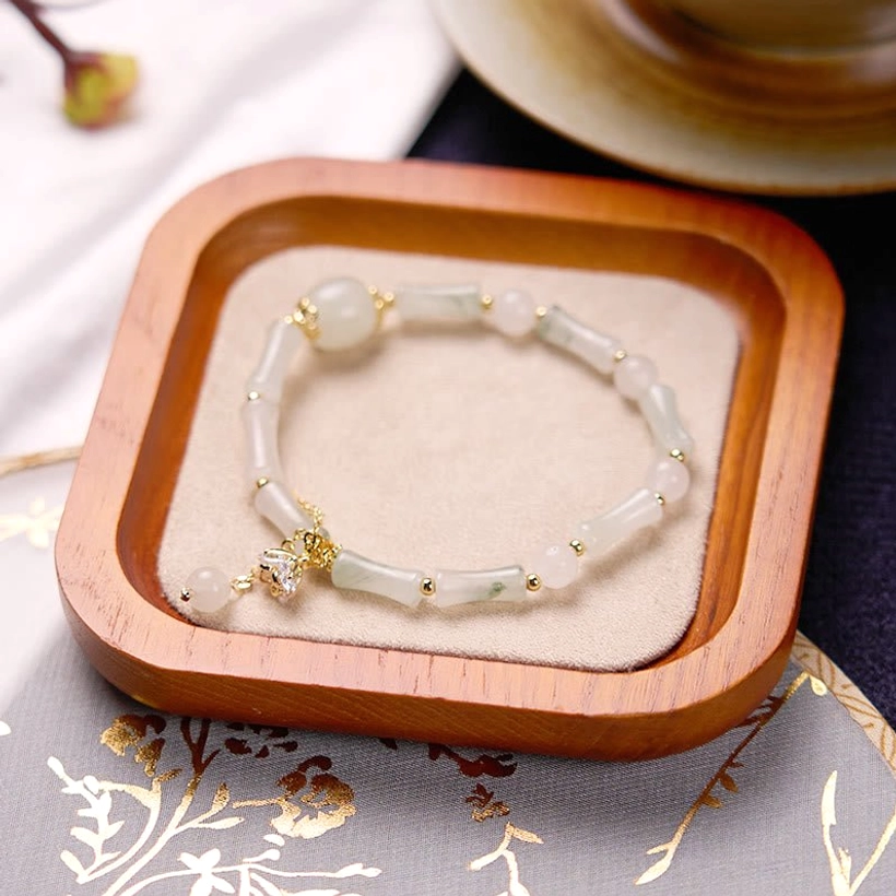 Tianshan white jade bamboo pattern bracelet with green fan charm, authentic handcrafted jade beads with natural variations