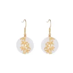 White jade bamboo drop earrings front view - handcrafted jade earrings with gold-toned copper accent on white background