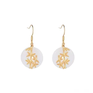White jade bamboo drop earrings front view - handcrafted jade earrings with gold-toned copper accent on white background