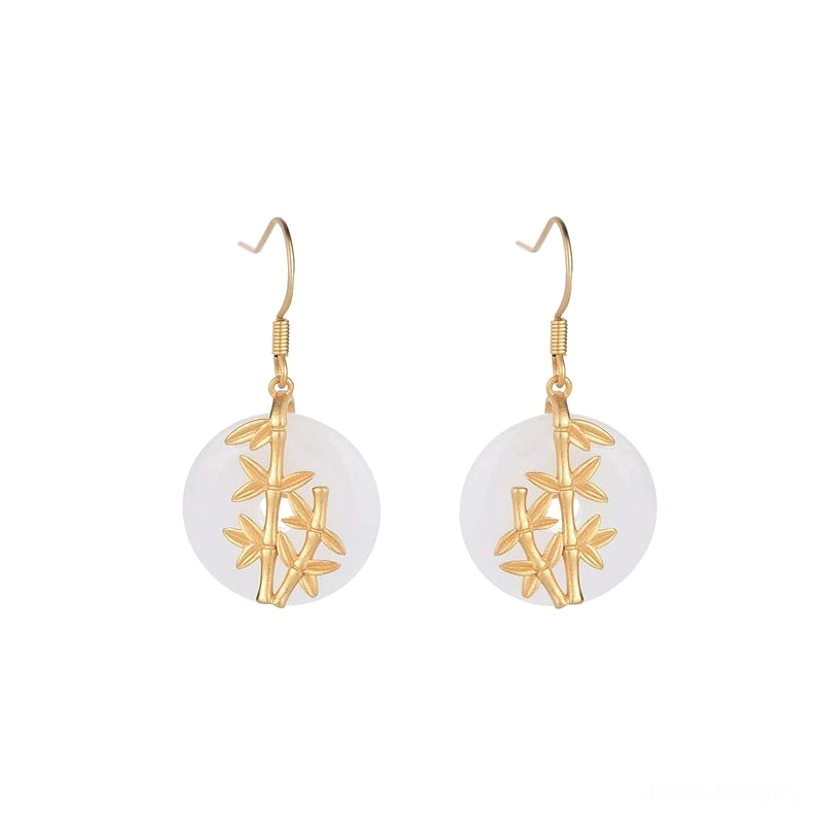 White jade bamboo drop earrings front view - handcrafted jade earrings with gold-toned copper accent on white background