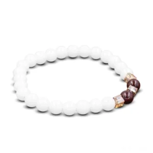 White jade beaded stretch bracelet side view showing elastic band and red-gold accent design on white background
