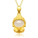 White jade Buddha pendant necklace with gold-plated setting, front view showcasing intricately carved praying Buddha figurine