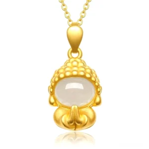 White jade Buddha pendant necklace with gold-plated setting, front view showcasing intricately carved praying Buddha figurine