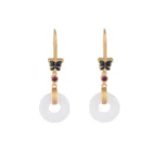 White jade butterfly fortune earrings frontal view with gold hooks and purple gemstone accents on white background