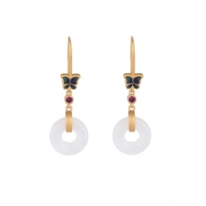 White jade butterfly fortune earrings frontal view with gold hooks and purple gemstone accents on white background