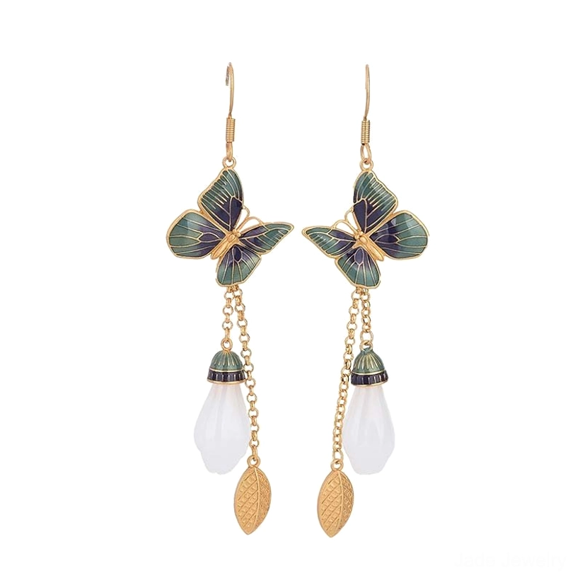 White jade butterfly dangle earrings with enamel butterfly charm and gold hardware on white background
