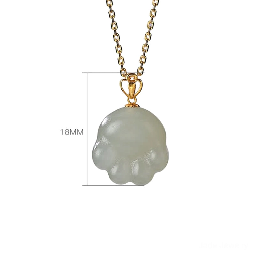 Hetian white jade cat paw pendant necklace flat lay with size marker on white background showing 18mm dimensions
