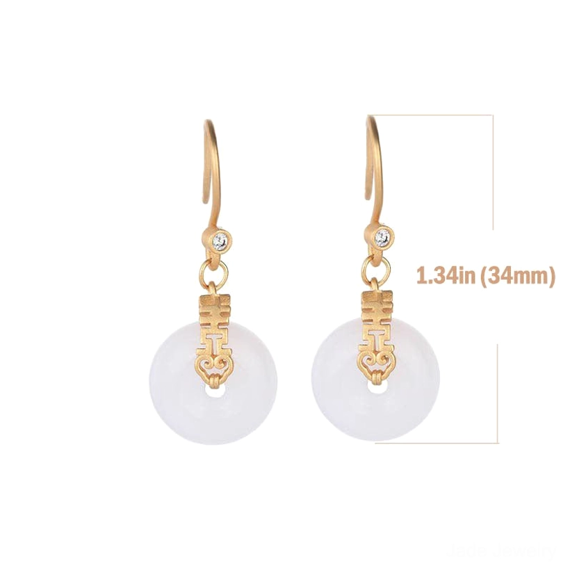 White jade double happiness earrings with size measurement 34mm total length