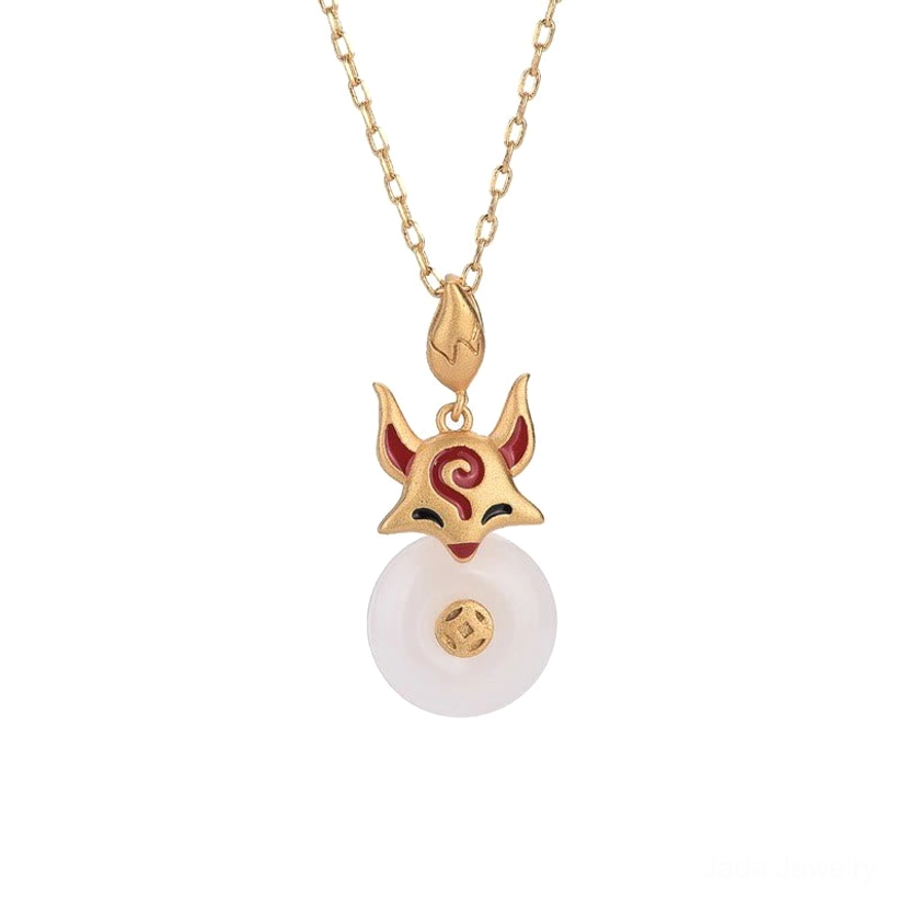 Complete white jade fox protection necklace pendant on chain with clear front design view on plain background