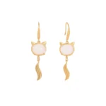 White jade fox fortune earrings with gold-toned copper hooks, front flat view on white background