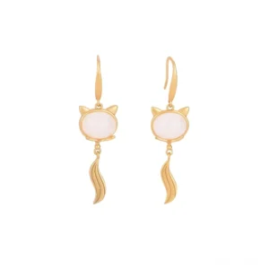 White jade fox fortune earrings with gold-toned copper hooks, front flat view on white background