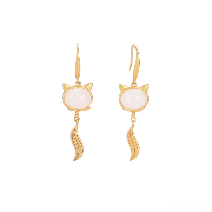 White jade fox fortune earrings with gold-toned copper hooks, front flat view on white background