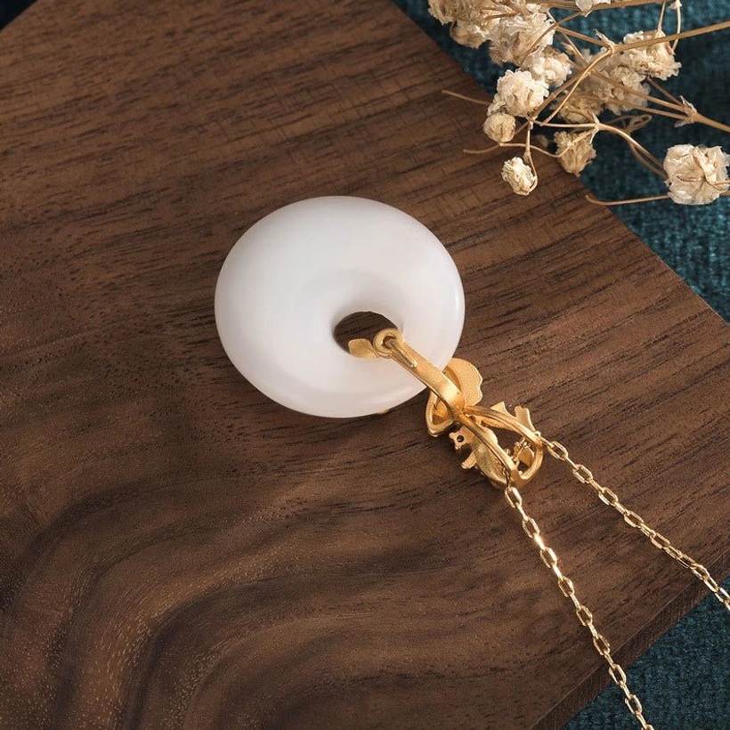 Complete white jade koi fish necklace full-length display on neutral background showing entire 45cm gold chain, secure lobster clasp, and proportional pendant sizing