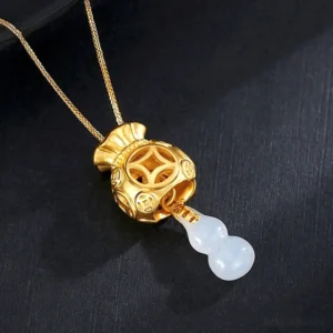 White jade money bag feng shui pendant necklace with gold-plated copper chain, top-down view showcasing intricate hollow coin pattern and natural jade texture for prosperity and protection