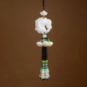 White jade Pixiu car pendant charm with hand-carved Pixiu and multicolor beaded tassel, studio front view