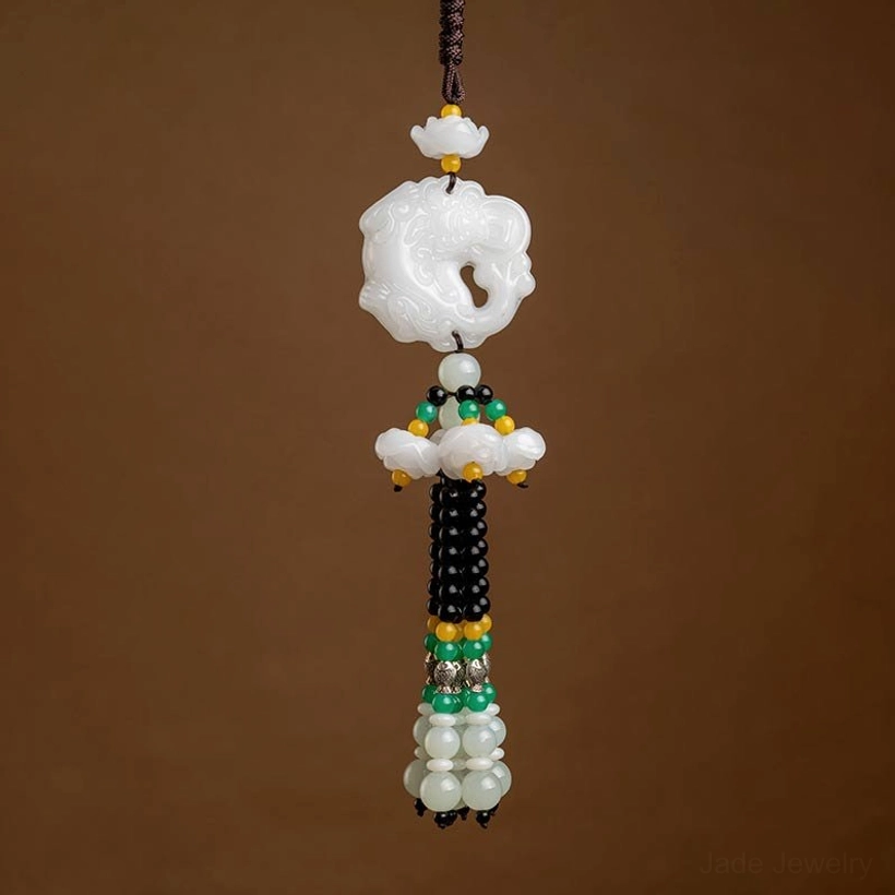 White jade Pixiu car pendant charm with hand-carved Pixiu and multicolor beaded tassel, studio front view