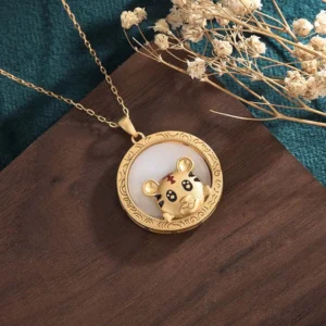 Tiger year jade necklace three-quarter angle - matte golden tiger with black facial details on embossed pendant