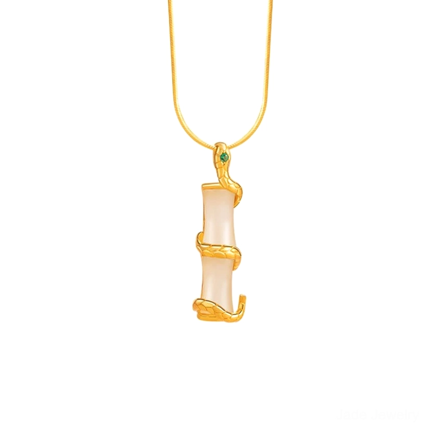 Hetian jade snake bamboo growth pendant - Year of the Snake 2025 protection charm with sterling silver coil design