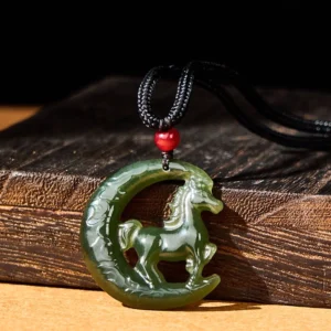 Hand-carved Hetian jade horse pendant showing intricate vine pattern details on crescent moon design with braided black rope