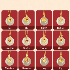 12 Chinese zodiac jade pendant charms with sterling silver labeled display showing each zodiac animal sign arranged on light beige background