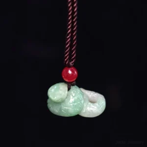 Chinese zodiac snake jade pendant carved serpent with intricate scale work, red decorative bead, and rope cord on black background showing full pendant structure